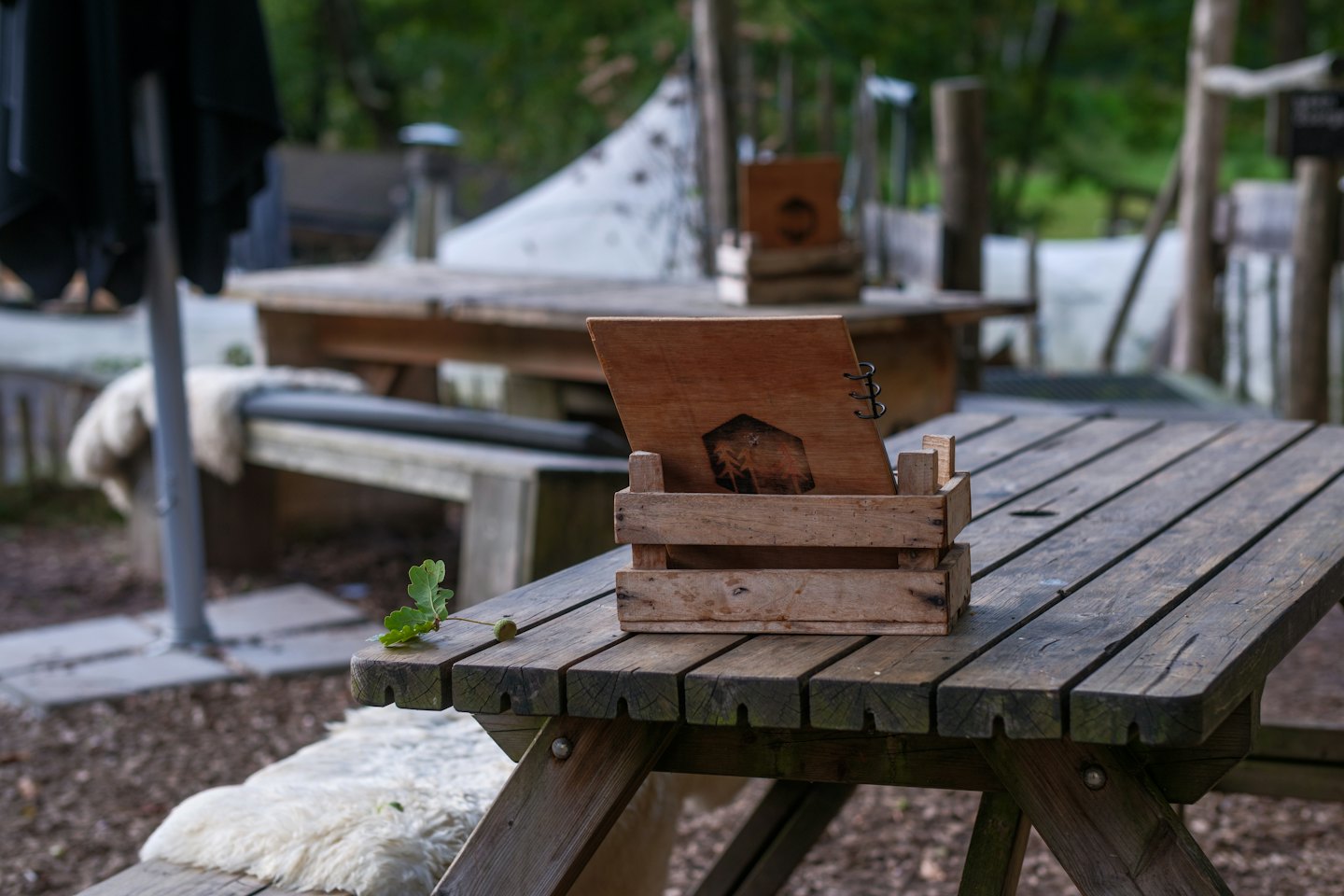 Wooden menu holder sits on a rustic picnic table outdoors.